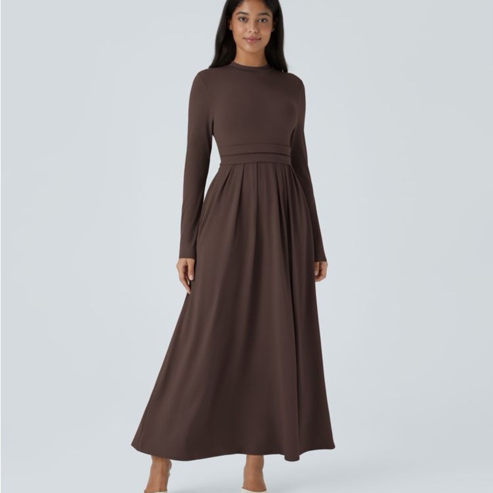 HALARA Long Sleeve Brown Maxi Dress with Fitted Waist